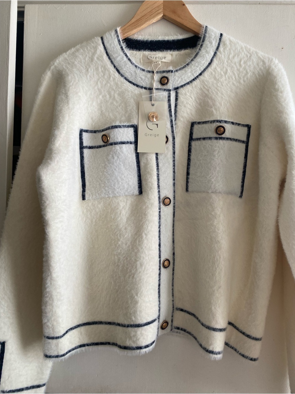 Greige White Chanel style Cardigan with black trim Large Anthropologie NWT
